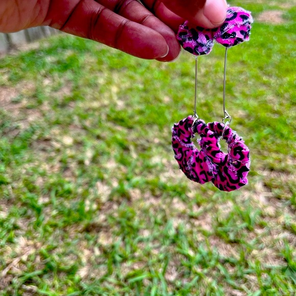 Pink Cheetah Distressed Fabric Drop Earrings - Picture 3 of 3